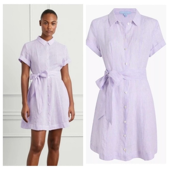 NWOT $185 Hill House The Laura Shirt Dress Lilac Striped Linen Sz L